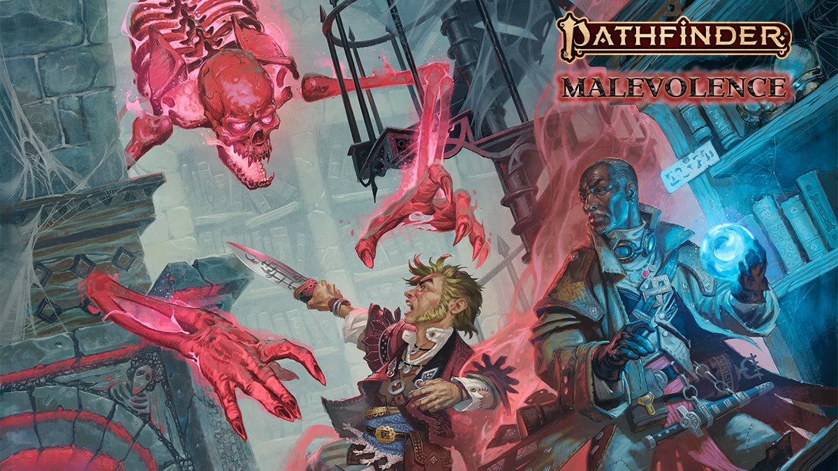 Pathfinder Malevolence: Pathfinder Iconics Quinn the investigator and Lem the bard battling a giant red skeleton