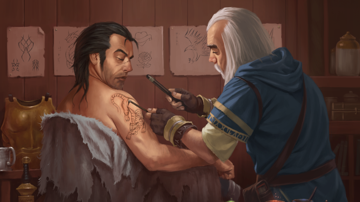 Illustration by Ian Perks. Valeros sits shirtless in a tattoo parlor while Ezren etches a tiger tattoo onto his shoulder. Ezren has a variety of tattoo inks at hand, several of them glowing with magical energy