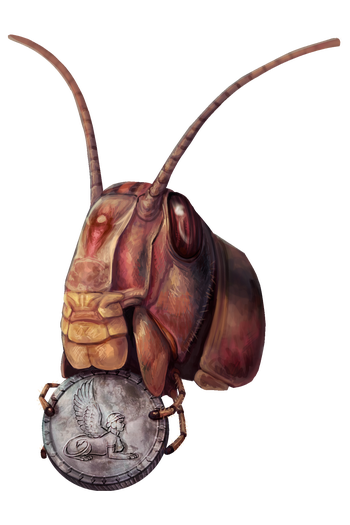 Illustration by María Rosario Arteta Chagüi : A locust holds a coin in its mandibles.