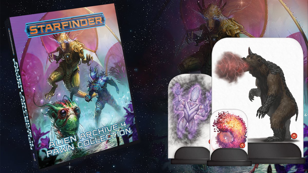 Alien Archive Four Pawn Collection featuring three different ancestries of alien, a large mechanical dragon-like alien, a blue humanoid alien with coral-like growths along its head and shoulders, and a green aquatic fish-like alien with large dark eyes