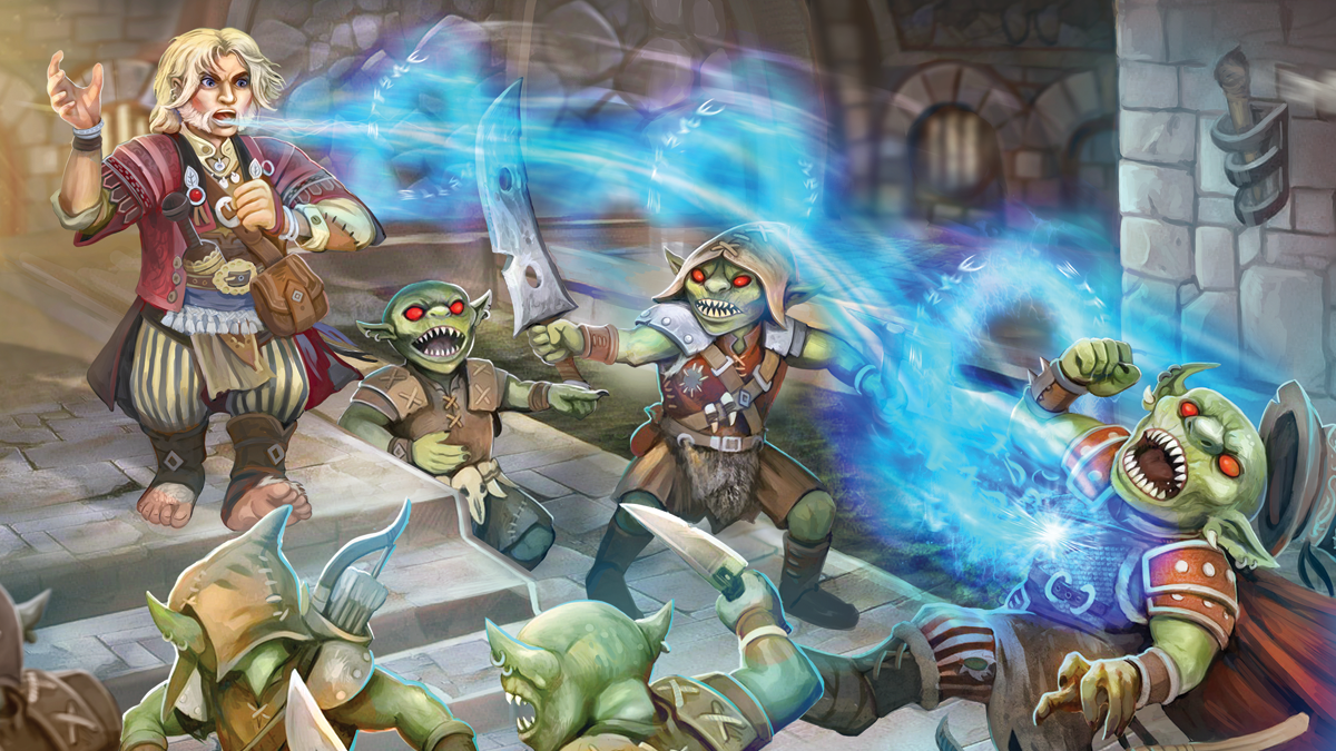 Pathfinder iconic Bard, Lem, A blond handling, speaks out as blue magic strike down attacking goblins