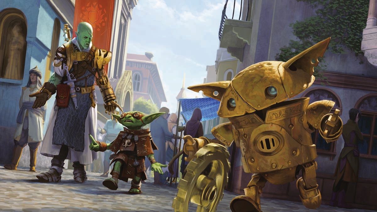 Illustration by Roberto Pitturru: a small mechanical goblin runs through a crowded city street chasing a gear as it rolls along the gutter. The goblin alchemist Fumbus and half-orc inventor Droven are chatting in the background.