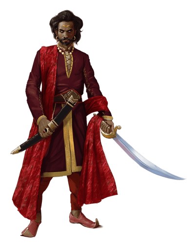 Swordmaster Ganhil by Renan Maurilio. A dark skin man in red robes holding a scimitar 