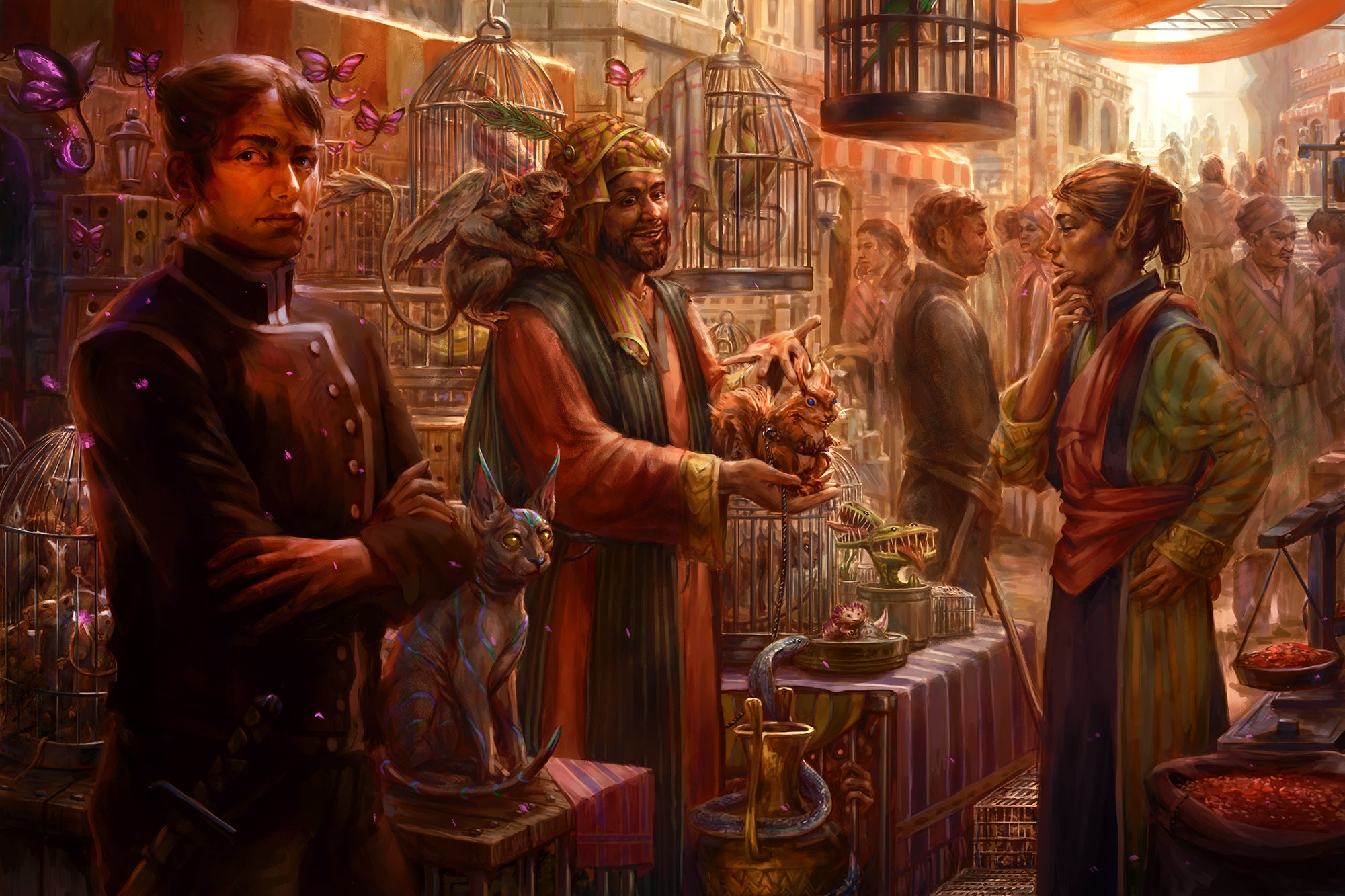 Druma Intro, artist Roena Rosenberger; An image of scene in a thriving marketplace. A merchant has a stall selling fancy pets, like lizards and birds. They are showing a potential customer a squirrel on a leash.