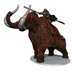 mini figure of a large brown furred mammoth with runes carved into its tusks, wearing a saddle and carrying an orc riding on its back