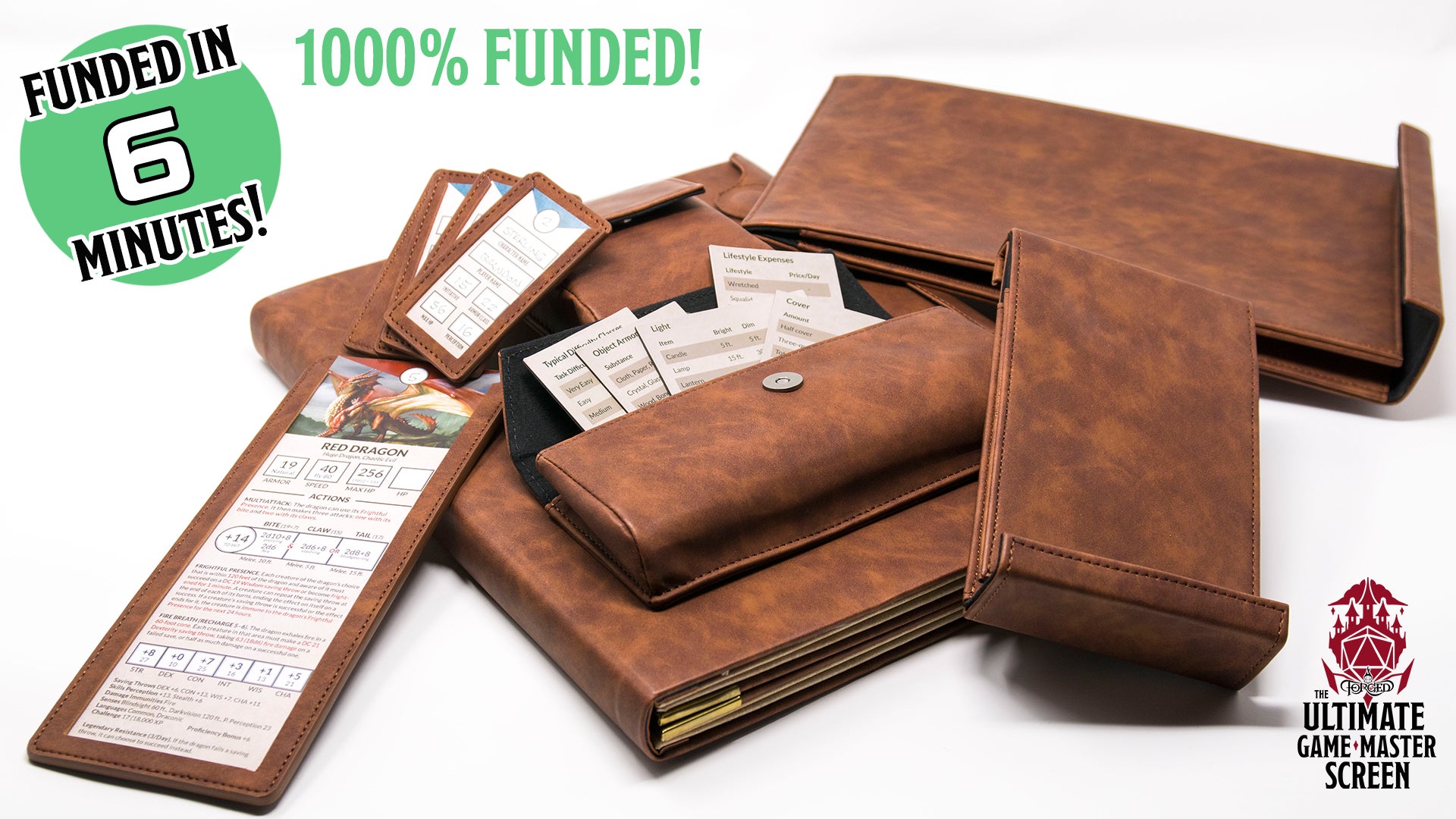 A picture of the Ultimate Game Master Screen closed up, along with a selection of accessories.