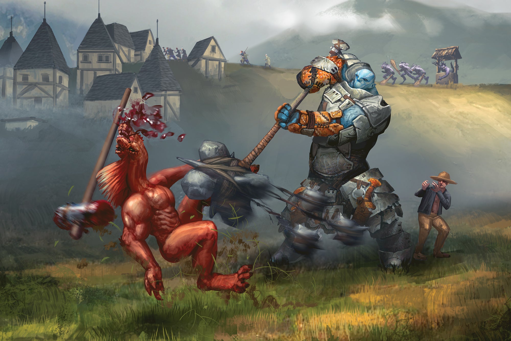 Art by Pixoloid Studios. Iconic guardian, Grimmyr, a large, heavily armored, blue skinned humanoid known as a jotunborn. He swings a large battle hammer at a red skinned reptilian creature while a human villager hides behind him.