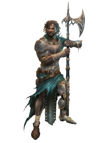 Art by Christoph Peters: This is the Lastwall sentry. He’s a powerful knight clad in incomplete and battered armor. He is wielding a halberd and looks tough.