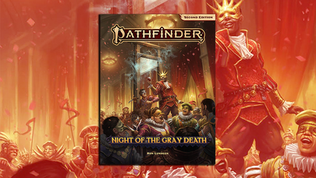 Night of the Gray Death: masked party goers gather around a raised guillotine platform, a man holding his wine glass high, stands on the raised platform, unaware of the party goer behind him holding a dagger