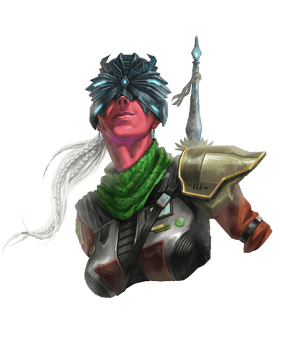 The Functionary, artist Tom Ventre; A human woman with bright red skin and long white hair pulled into a ponytail smiles confidently at the viewer; she wears weather-worn armor, a bandana around her neck, and an intricate half-mask that covers the entire top half of her face and rises into a crown.