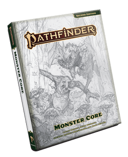 A 3D mock of Pathfinder Monster Core Sketch Edition; A pencil sketch illustration of mushroom leshi running through a forest as they're being chased by a green troll with large tusks, even farther in the background, chasing the troll is a large, spiky dragon.