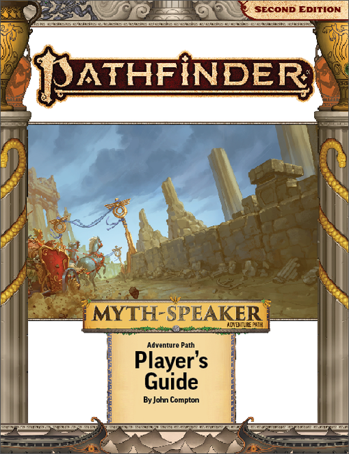 Myth-Speaker Player's Guide Cover: Pathfinder iconic exemplar, Nahoa, riding in a horse drawn chariot with a javelin held high above his head as he aims for a target high above the track. 