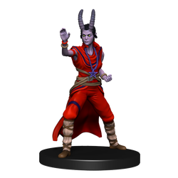 Mini figure of a purple tiefling monk with tall horns and red robes