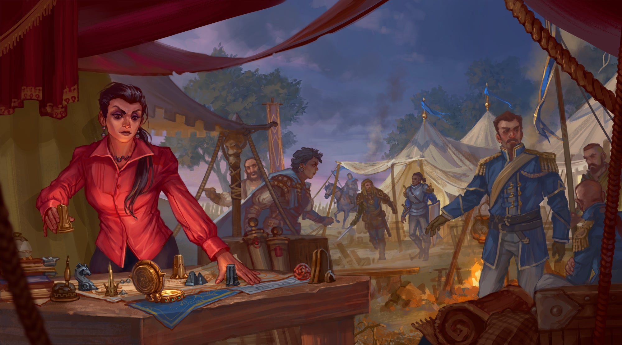 artist Rodrigo Gonzalez Toledo : Zarta Dralneen moves pieces around a battle map as her wayfinder illuminates the scene, with Pathfinders and Andoren soldiers moving in the background of a busy war camp.