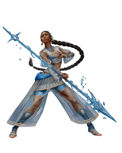 Resurgent Maelstrom Magus by Mirco Paganessi. A dark skin woman wields a spear that appears to have running water along the point and pole