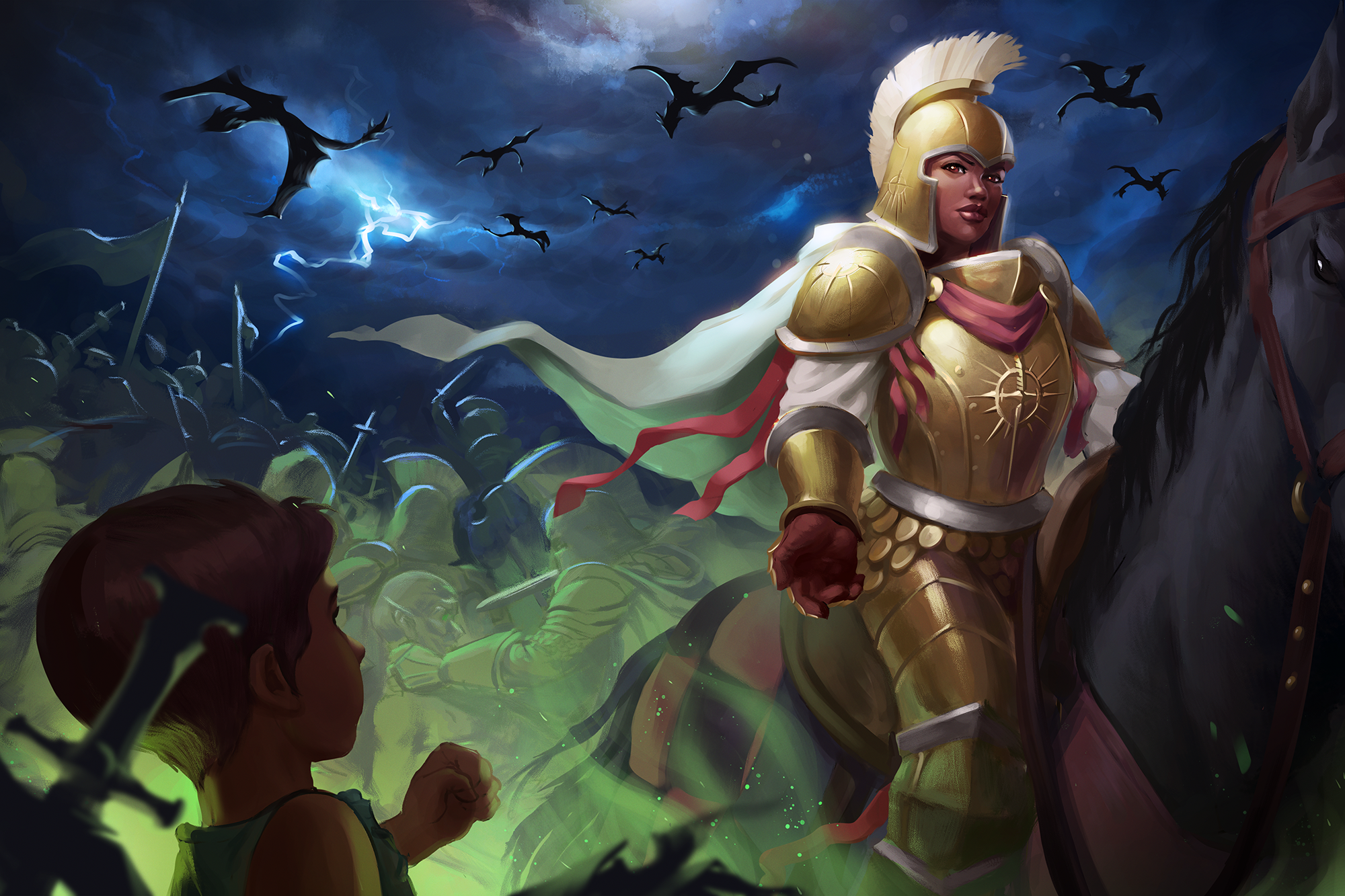 Illustration by Ainur Salimova, a knight in shining armor reaches down to a child from the back of their horse while a battle rages around them