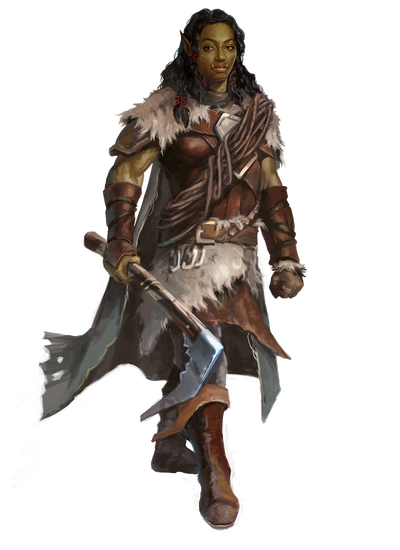 Illustration by Oleksii Chernik: Dromaar Mountaineer dressed in furs and leather, holding an axe in her hand.