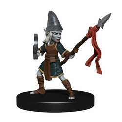 Mini figure of a deep gnome warrior dressed in leathers and chain mail with a buckler on one arm and a spear in the other hand