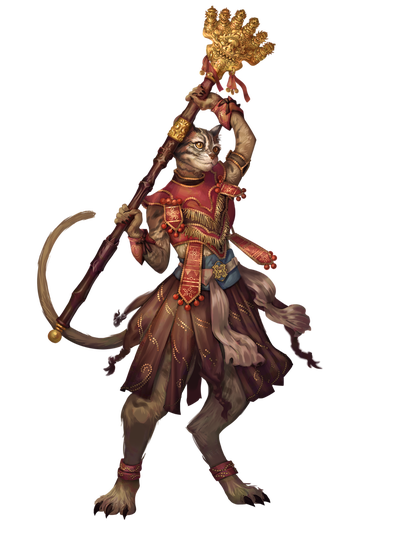 Illustration by Nicholas Phillips: A catfolk kaiju caller, holding a staff over their head.