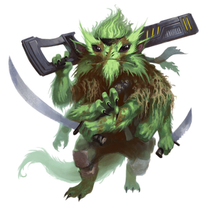 A green skittermander with a black headband holding a rifle over one soulder, a hunting knife in another hand, and a sword in a third hand