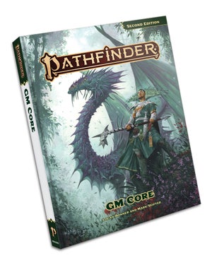 Pathfinder Remaster GM Core: A man dressed in green and silver robes with a peacock feather, high collar stands proudly in front of a green and purple dragon