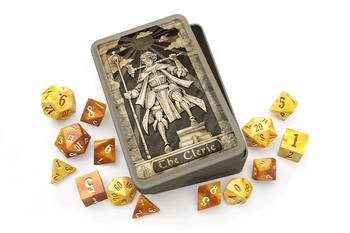 Beadle and Grimm's Cleric Dice Tin. An armored cleric stands on top of a chest with a hammer over their shoulder and a staff in their other hand. The tin is surrounded by orange and yellow dice