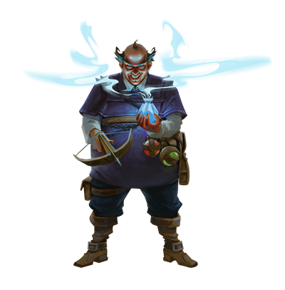 Pillbug Podiker, a man in a blue layered outfit with a small crossbow in one hand, and a steaming potion in the other