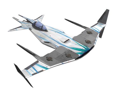 A small, one-person fighter, shaped like a T, has a silver hull emblazoned with blue markings.