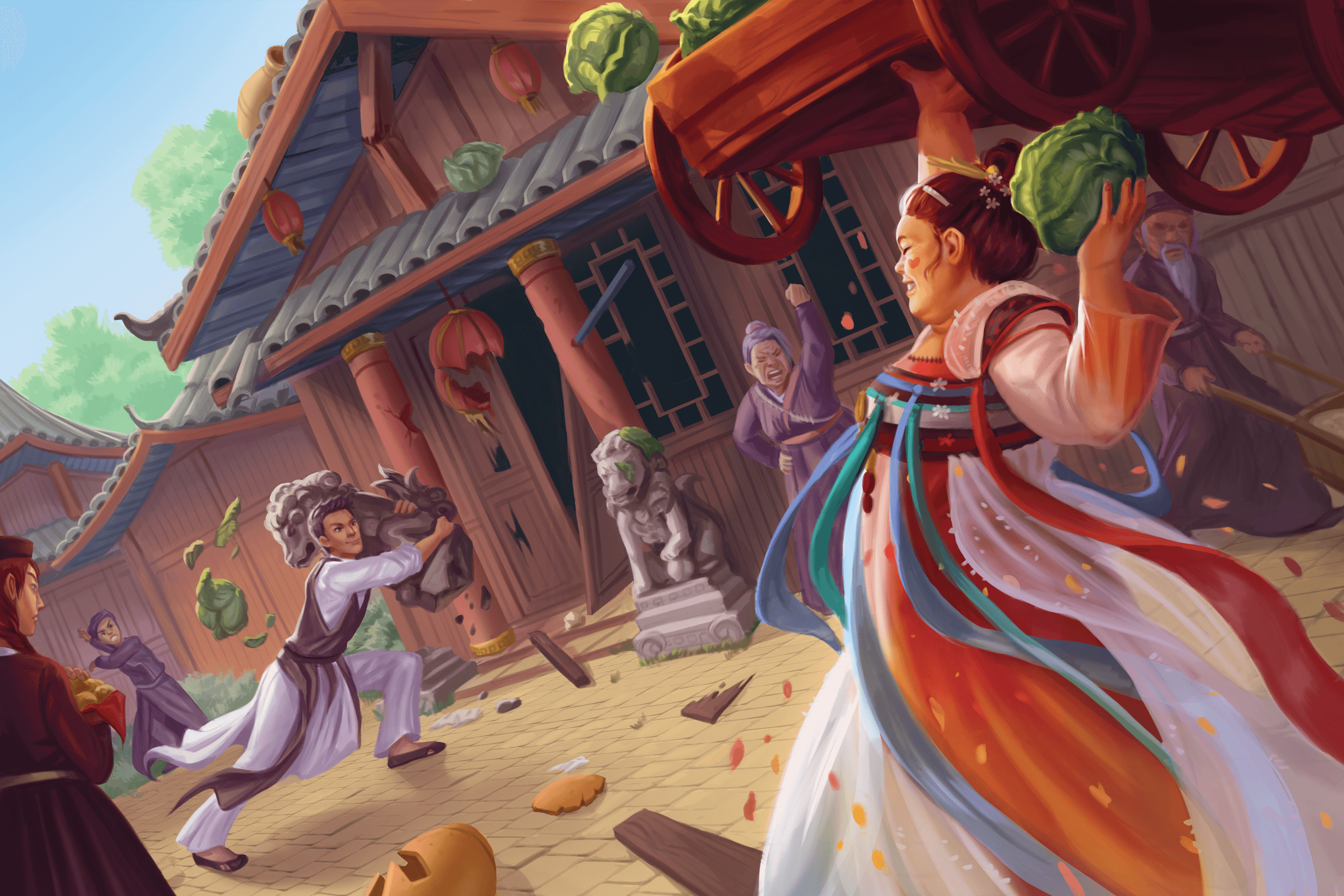 Illustration by Ilina Naydenova : Two martial artists clash in a town street.