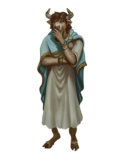 Latanoris Galthangelou, artist Fabio Di Bernardi: A minotaur merchant dressed in finery is deeply concerned about the state of her business.