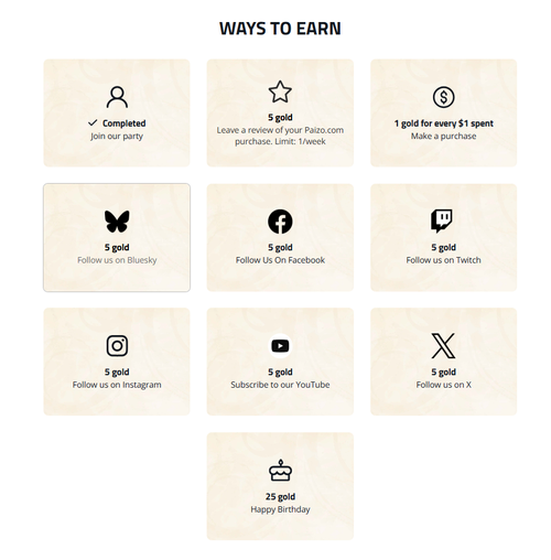 Ways To Earn: A three by three tile grid featuring different ways to warn gold including signing up for emails, following paizo of social media and making purchases