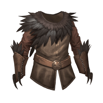 Eagle Wing armor Art by Roman Kierszenbaum. Brown leather jerkin armor with dark brown and black eagle feathers around the neckline. The sleeves have leather bracers tipped with talons and edged with dark eagle feathers.