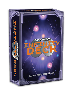 Starfinder Second Edition Infinity Deck by Jason Keeley and Joe Pasini The infinity deck box is a purple box with a white and orange text logo over a purple background