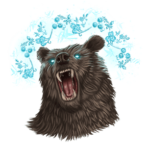 The head and neck of a large, roaring, brown bear with glowing blue eyes