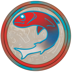 Art by Riccardo Rullo: Academy of the Reclamation School Symbol featuring a circle with a red, blue, and silver fish at the center