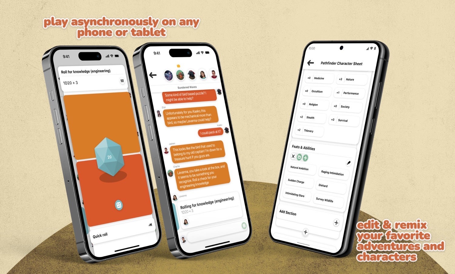 TabletopTown app mock ups. Play Asynchronously on any phone or  tablet. Edit and remix your favorite adventures and characters