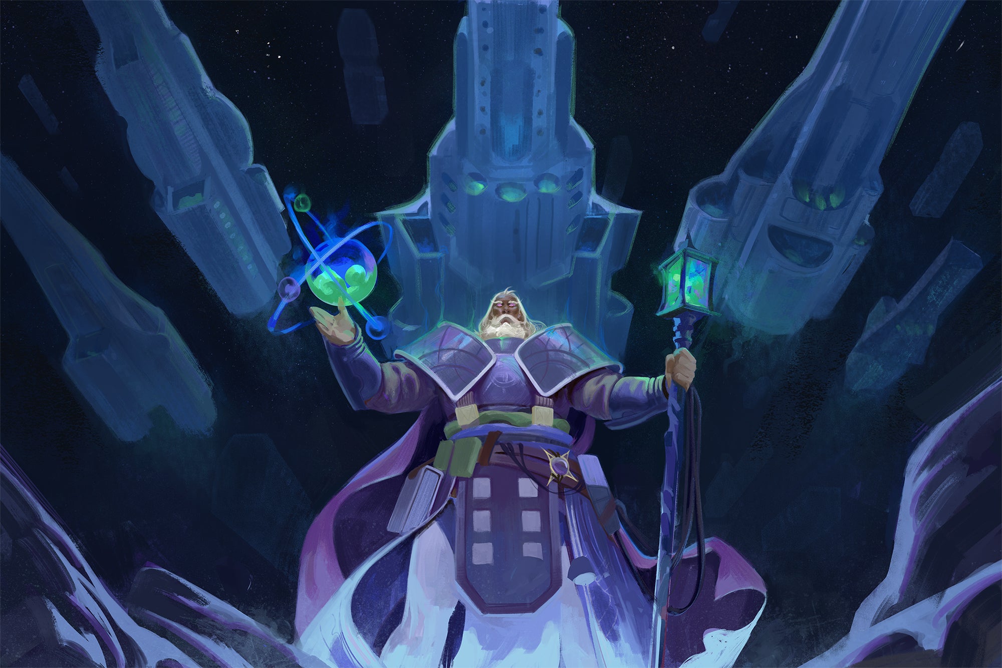 Art by Emanuel Pantaleon: Zemir the iconic witchwarper is casting a spell that summons ghostly starships overhead to bombard his enemies. 