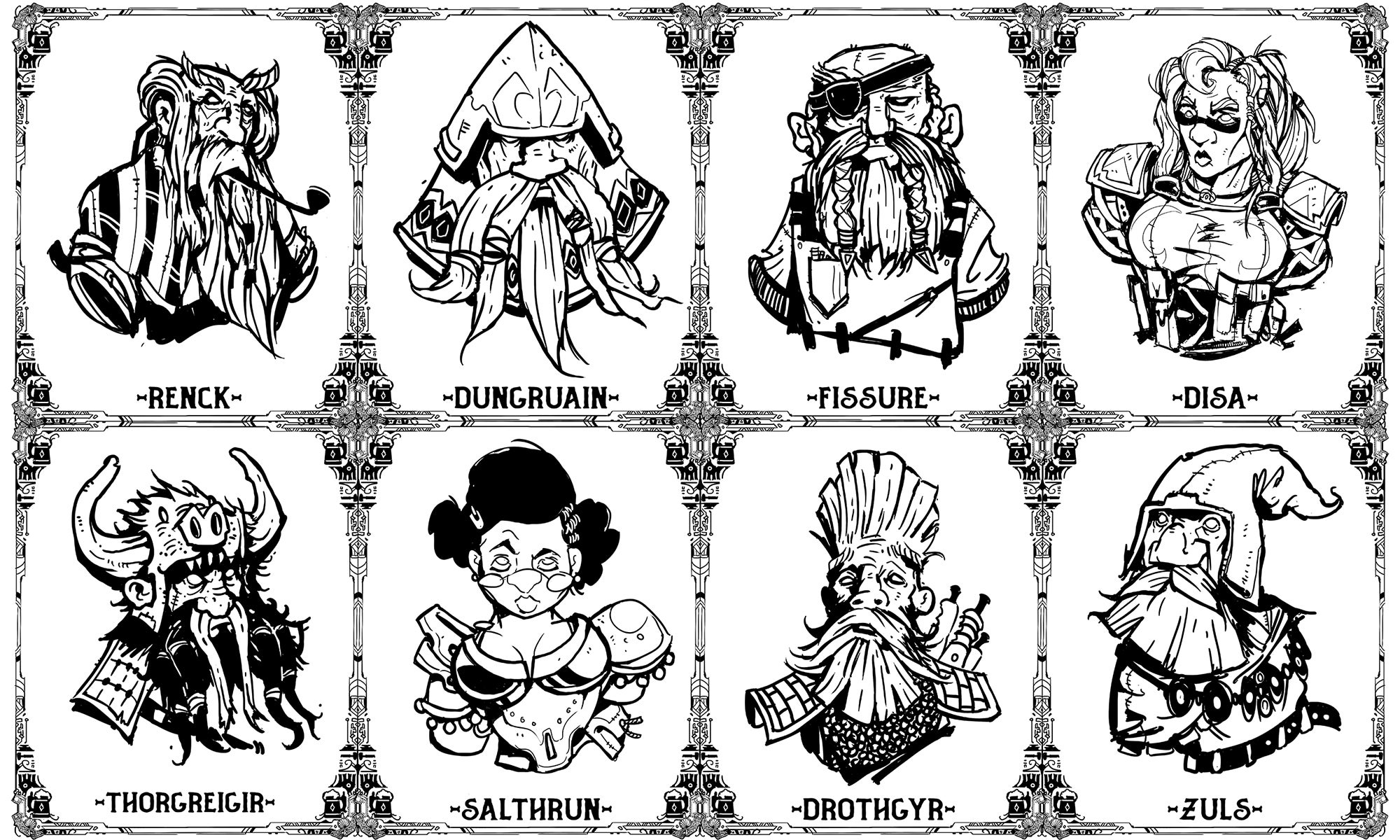 A lineup of black and white illustrations of eight player character art headshots. 