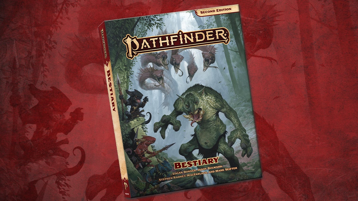 Pathfinder Second Edition Bestiary, featuring kobalds and a troll in the foreground with a hydra lurking in the misty background