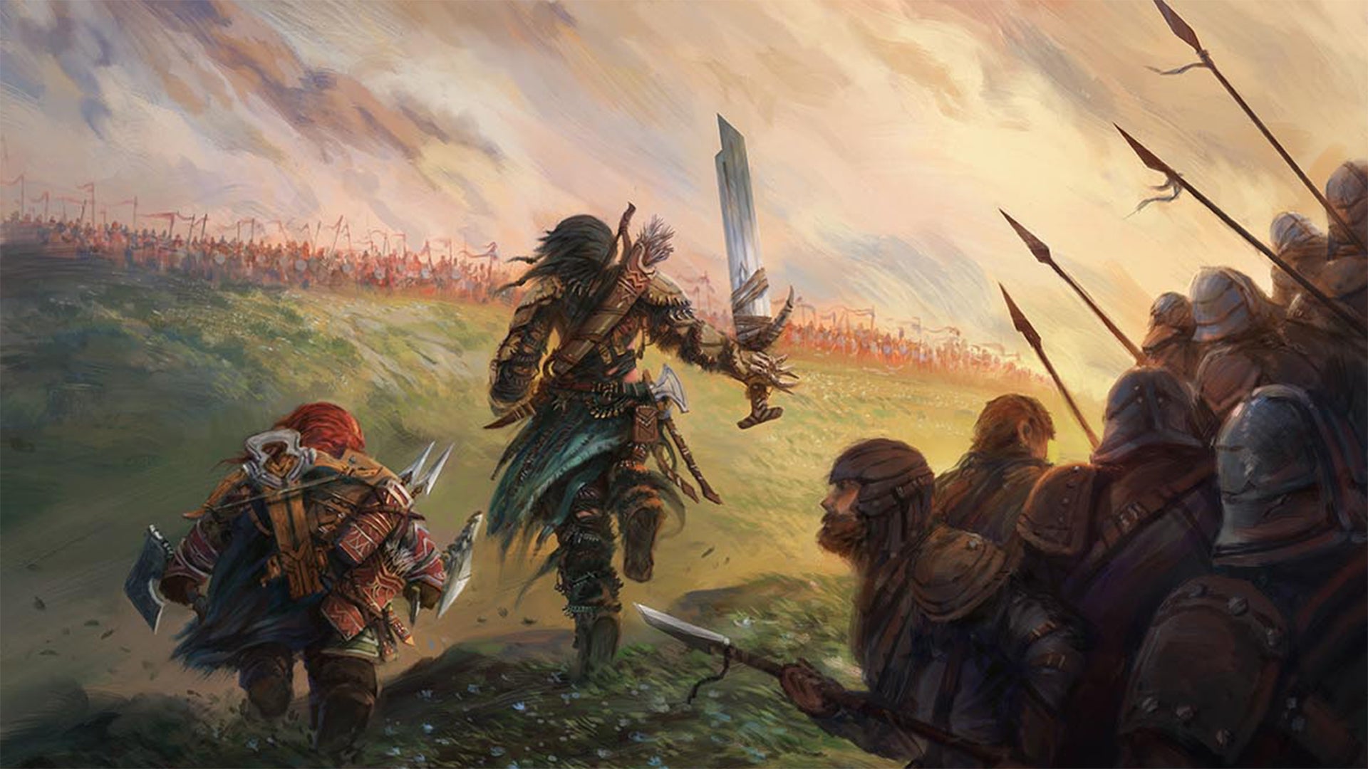 In the shadow of a mountain range, Amiri and Harsk lead an army of soldiers to war. Art by Jorge Jacinto.