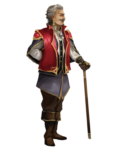 Lord Gulv, artist Max Roche: Lord Gulv Tevineg stands smugly, wearing his crimson doublet and using a cane to support himself.