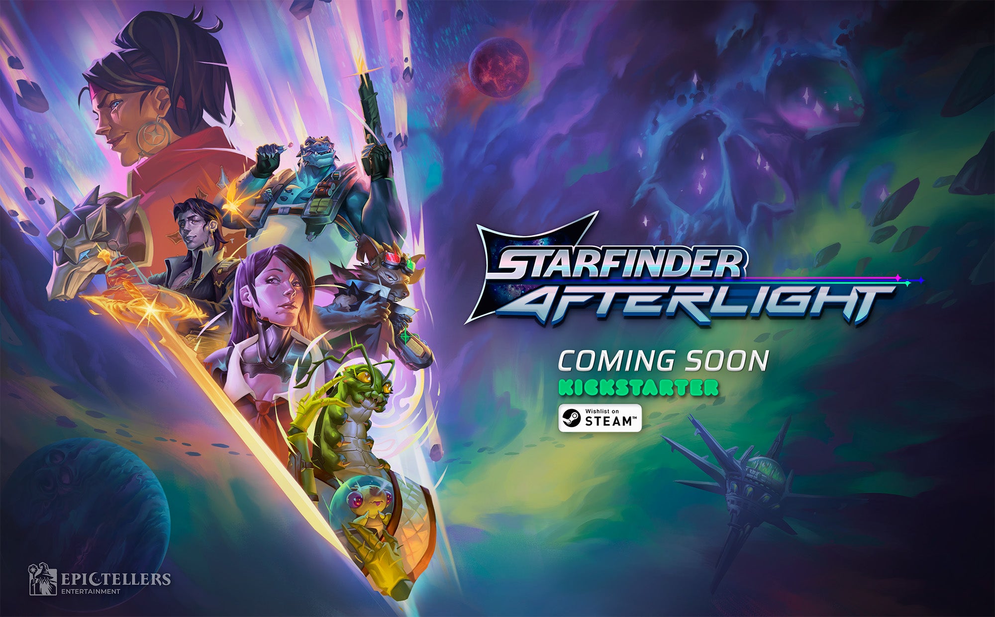 Starfinder Afterlight Coming Soon to Kickstarter: A promotional banner for a starfinder video game. The background is a colorful space setting with a tall space station in the lower righthand corner. In the foreground is a bright slice through space with headshots of a diverse group of aliens including humans, insect-like, lizard-like, and rat-like aliens.