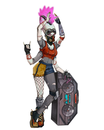 Illustration by Paulo Magalhães: A Kasatha dressed in punk clothing with a sound system at their hip, adjusting a bright pink mohawk