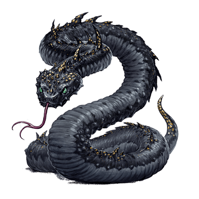  Goldpebble, artist Luis Salas Lastra; An image of large snake with dark scales that resemble river rocks and studded with gold nuggets. It’s flicking its tongue out curiously, smelling its surroundings.