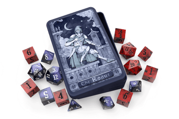 Beadle and Grimm's Rogue Dice Tin. A dice tin inspired by the rogue class with an illustration of a hooded rogue on a rooftop wielding a dagger. The tin is surrounded by red and purple dice.