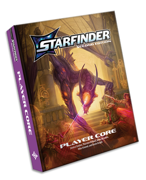 Starfinder Second Edition Player Core: Starfinder iconics, Navasi, Dae, and ChkChk fave against a large purple skinned dragon alien with a single large yellow eye in the center of its face and a number of smaller yellow eyes running down its arms. The dragon is focusing it's laser-like glare down onto Chkchk