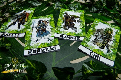 Pathfinder Iconic character cards with art featuring, Jirelle the half-elf swashbuckler, Korakai the tengu oracle, Fumbus the goblin Alchemist, and Lini the gnome druid