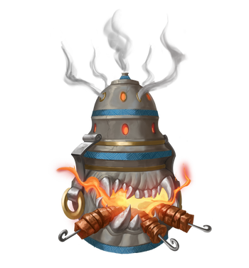 Brochmaw illustration by Zach Causey: A stove-like creature with flames coming out of its mouth