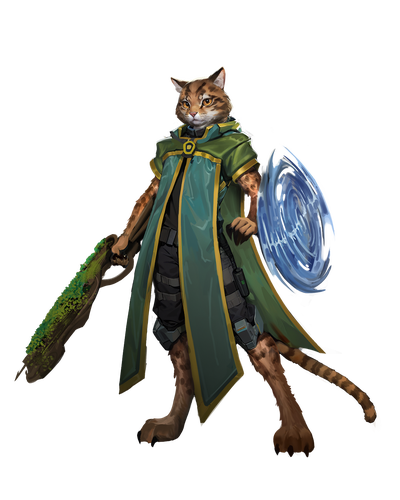 artist Sophie Medvedeva: A cat-like pahtra dressed in flowing robes wields a moss-covered rifle and a shield of solid water.
