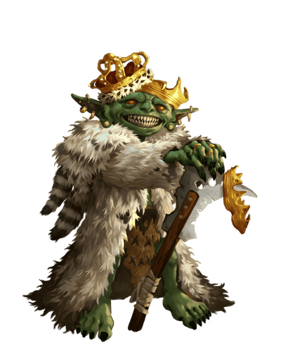 Big goblin boss art by Gunship Revolution, A grinning goblin dressed in furs wearing multiple crowns on their head with another crown hanging off their blade